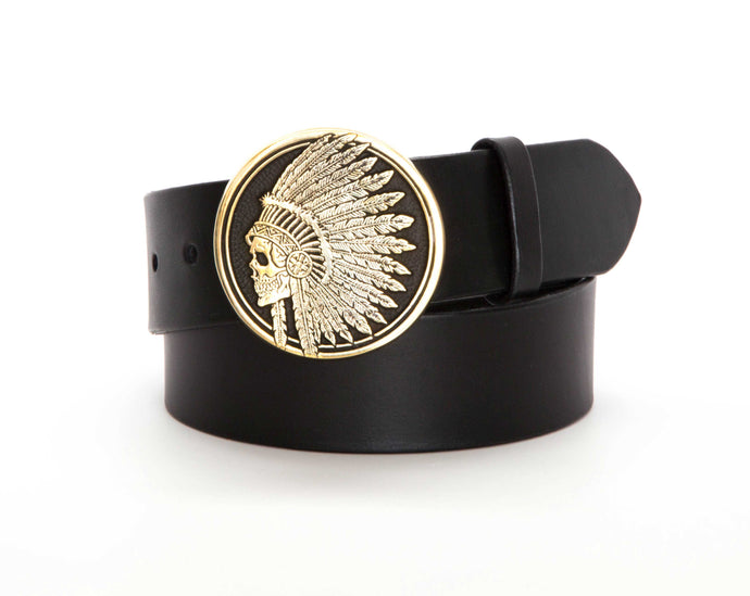 Leather Belt with Indian Skull Headdress Buckle - Gone Rogue