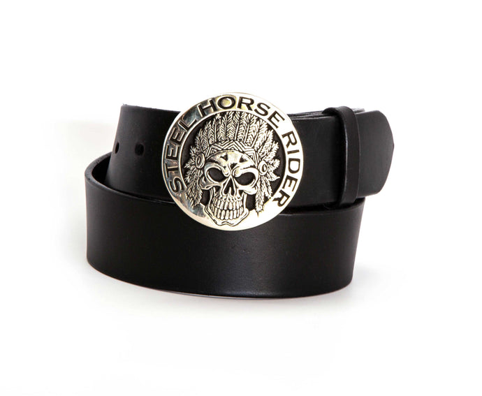 Leather Belt with Silver Indian Skull Buckle - Gone Rogue